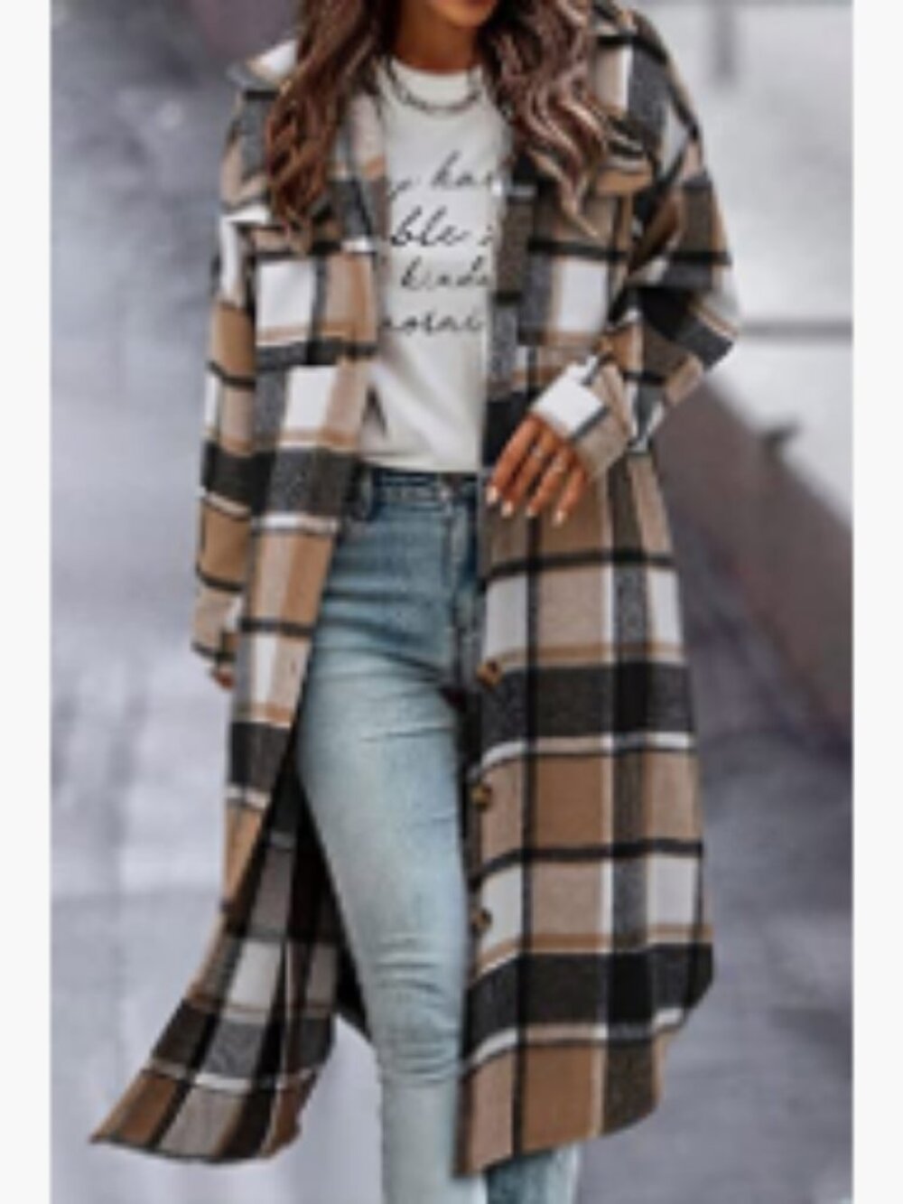 Polyester Plaid Shacket Jacket Long Corduroy Button Down Trench Coat - Picture 2 of 7